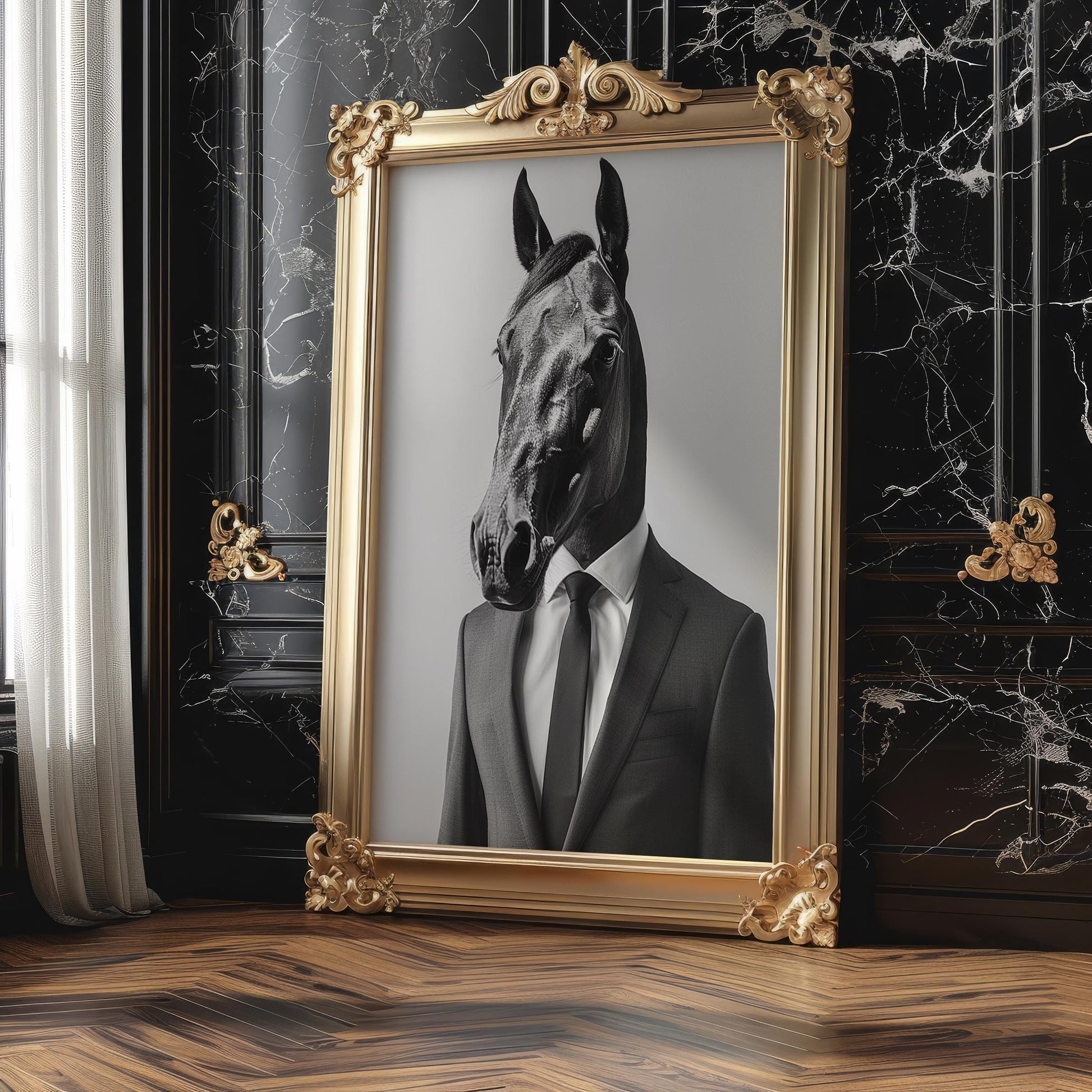 Horse Head in Suit Print | Surreal Equestrian Wall Art wall art print, minimalist black and white poster, modern Scandinavian wall decor, Monohaus