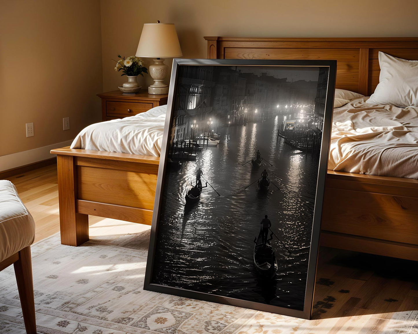 World Landmark | Venice Gondolas Night Print | Grand Canal Black and White Photography wall art print, minimalist black and white poster, modern Scandinavian wall decor, Monohaus