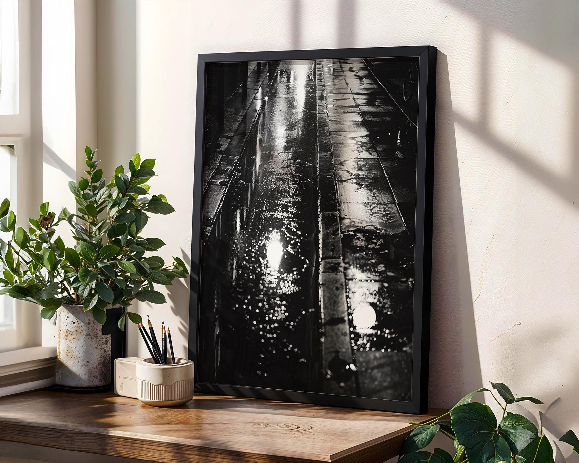Rainy Night Street Photography Print | Black & White Urban Decor black and white photo print, minimalist monochrome wall art poster for modern interiors, Monohaus