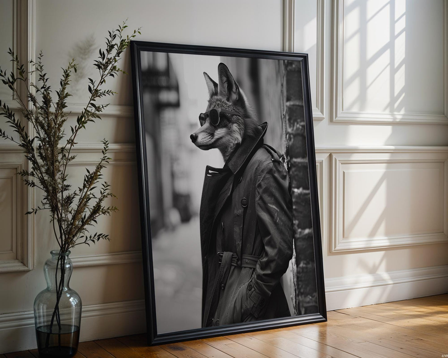 Dog Photography Fox in Trench Coat Print | Urban Animal Portrait, Modern Poster black and white photo print, minimalist monochrome wall art poster for modern interiors, Monohaus