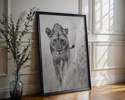 Wildlife Poster | Lioness Fine Art Print | Black & White Safari Photography wall art print, minimalist black and white poster, modern Scandinavian wall decor, Monohaus