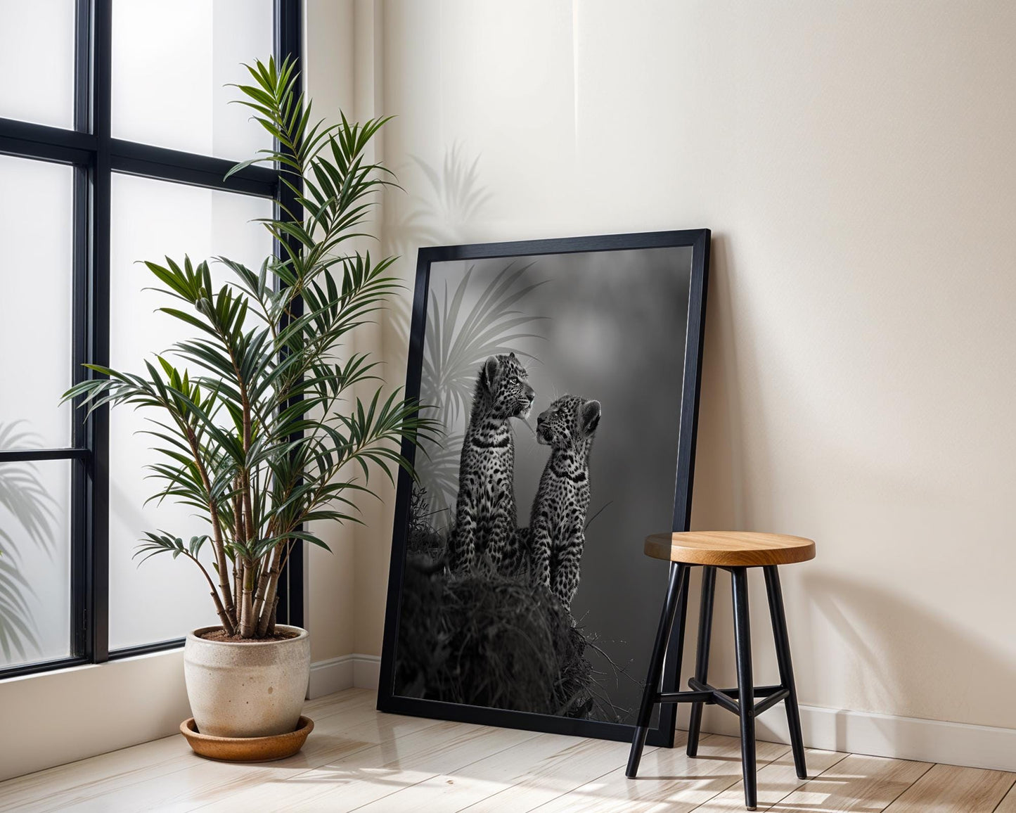 Wildlife Poster | Leopard Cubs Fine Art Print • Black & White Scandi Nursery wall art print, minimalist black and white poster, modern Scandinavian wall decor, Monohaus