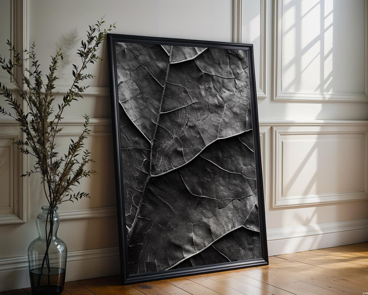 Botanical Photo | Dark  Leaf Print | Moody Macro Veins Photography wall art print, minimalist black and white poster, modern Scandinavian wall decor, Monohaus