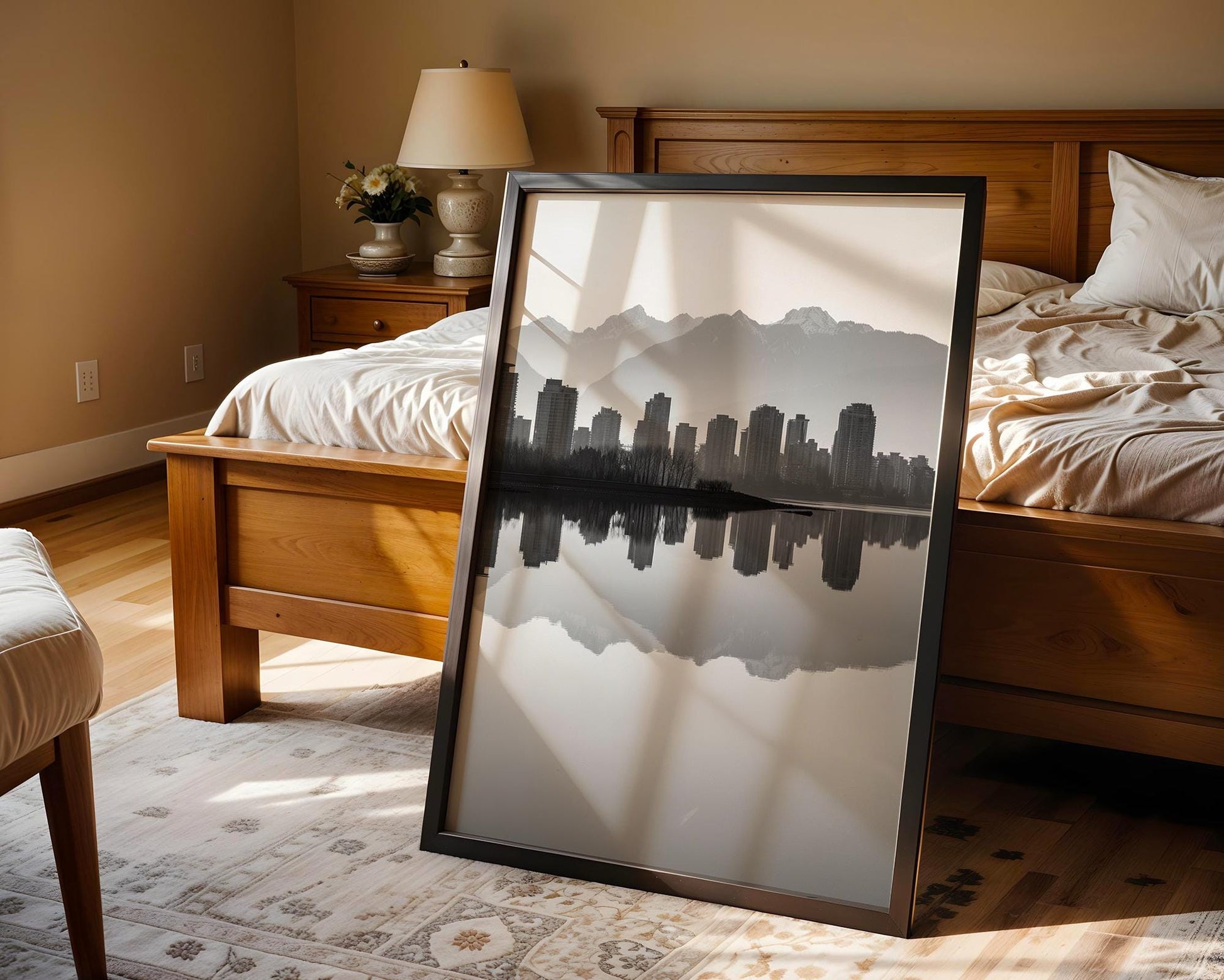 World Landmark | Vancouver Skyline Print | Black and White Mountain Reflection wall art print, minimalist black and white poster, modern Scandinavian wall decor, Monohaus