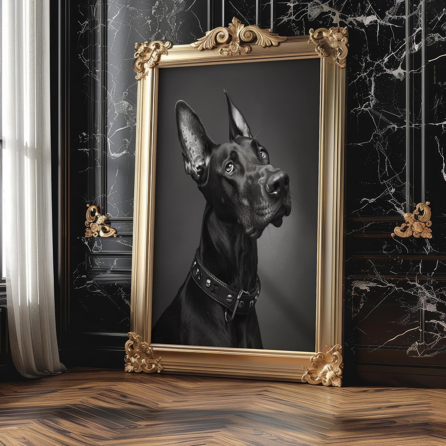 Dog Photography Doberman Print | Black Pet Portrait with Studded Collar wall art print, minimalist black and white poster, modern Scandinavian wall decor, Monohaus
