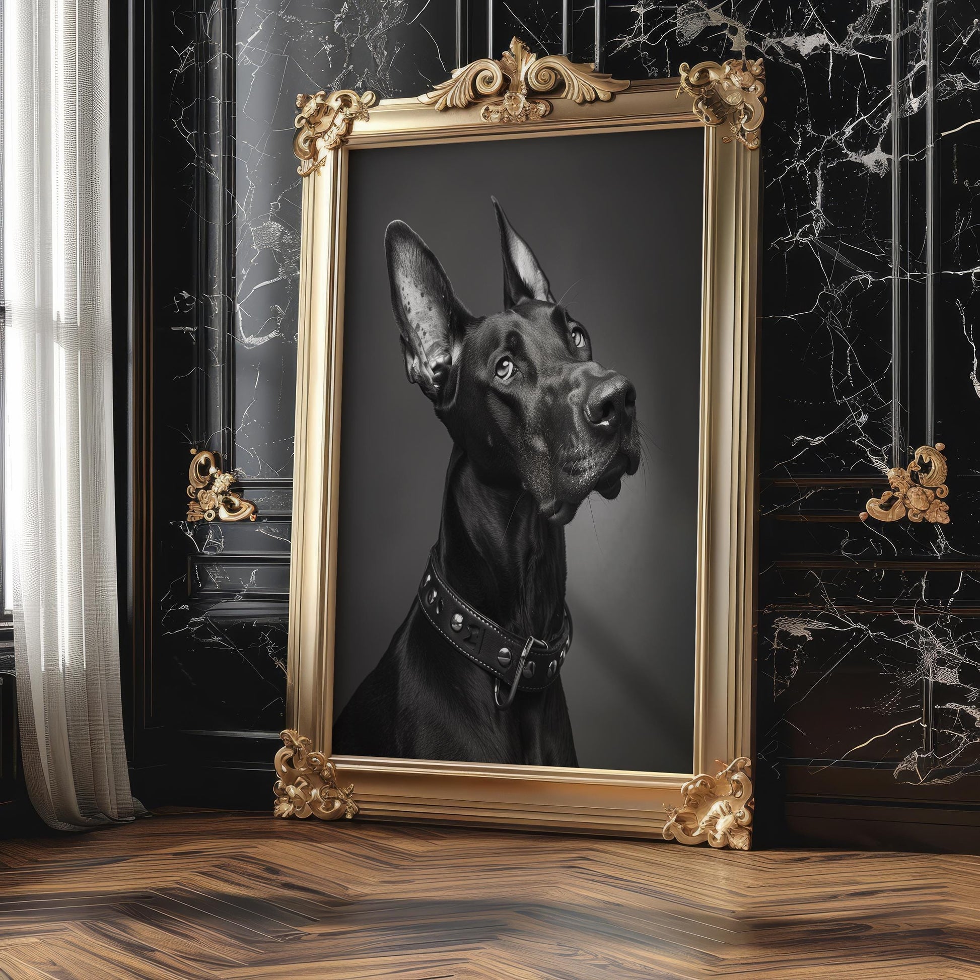 Dog Photography Doberman Print | Black Pet Portrait with Studded Collar wall art print, minimalist black and white poster, modern Scandinavian wall decor, Monohaus