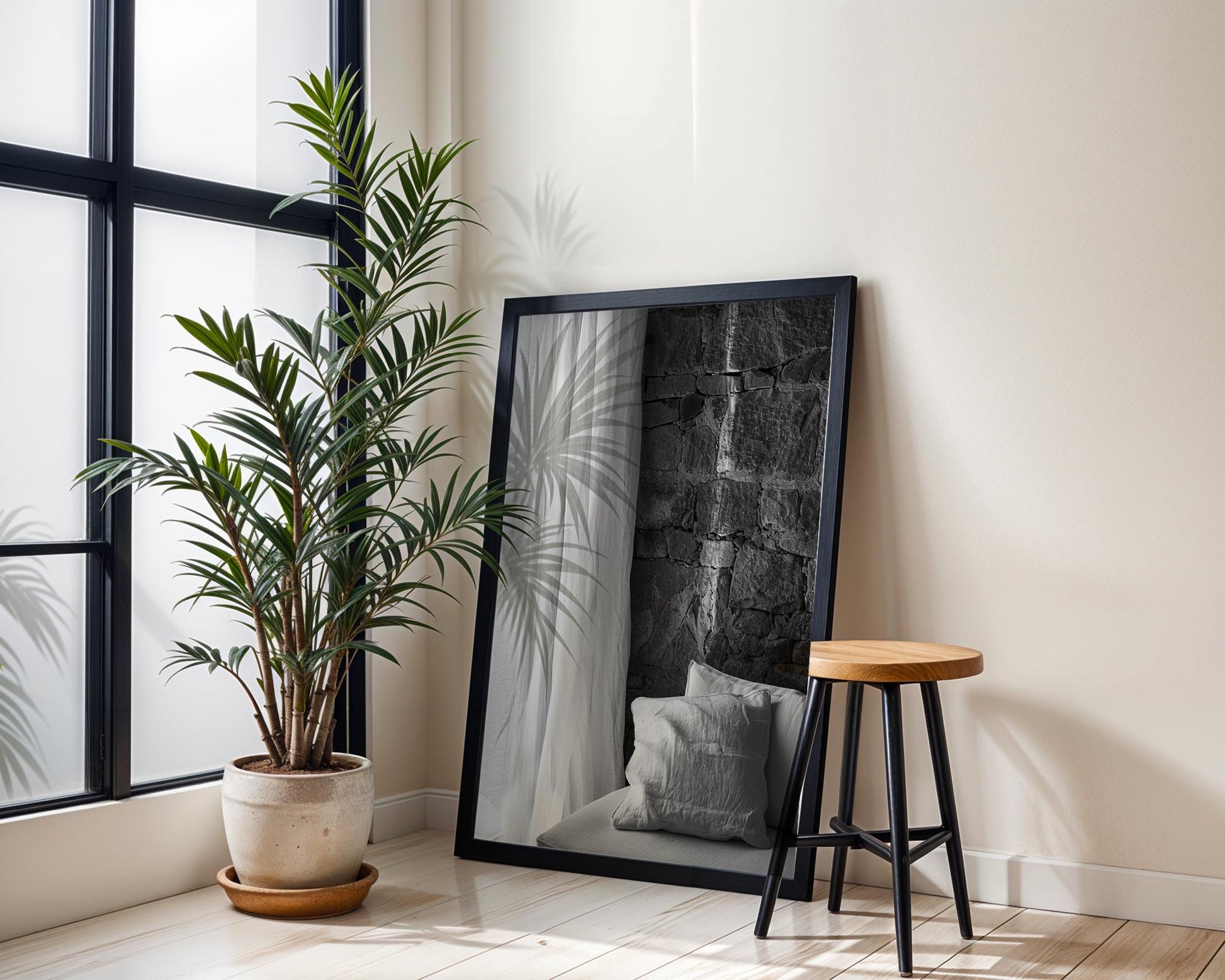 Minimal Wall Art Black and White Interior Print | Linen Pillow, Stone Wall (Digital Download) wall art print, minimalist black and white poster, modern Scandinavian wall decor, Monohaus