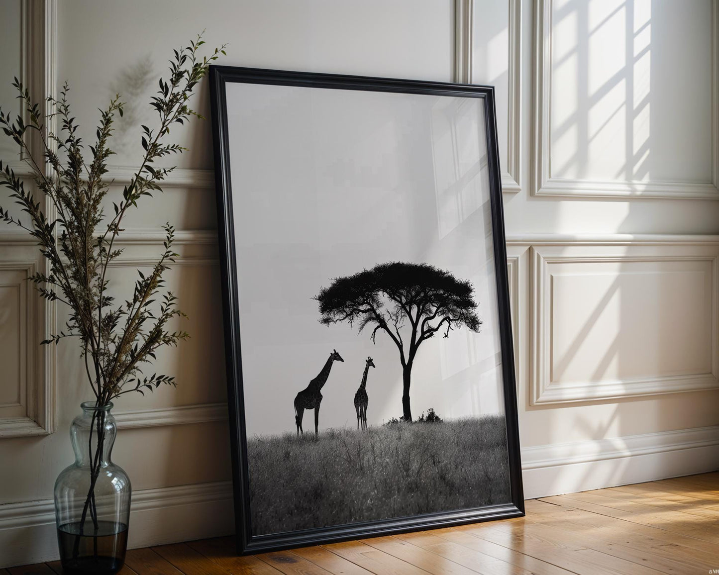 Wildlife Poster | Giraffe & Acacia Tree Print • Black and White Safari Photography wall art print, minimalist black and white poster, modern Scandinavian wall decor, Monohaus