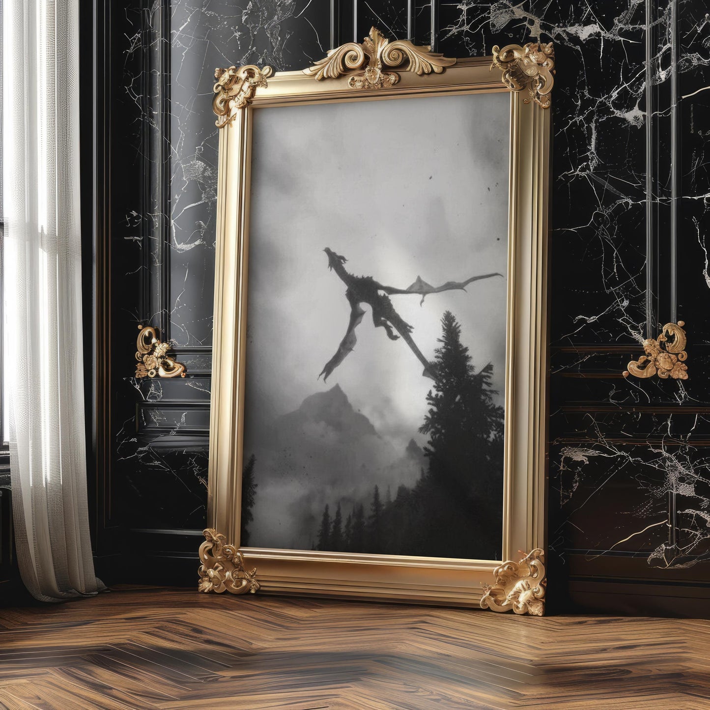 Designer Wall Art | Dragon Flying Print | Black & White Mountain Landscape Art wall art print, minimalist black and white poster, modern Scandinavian wall decor, Monohaus