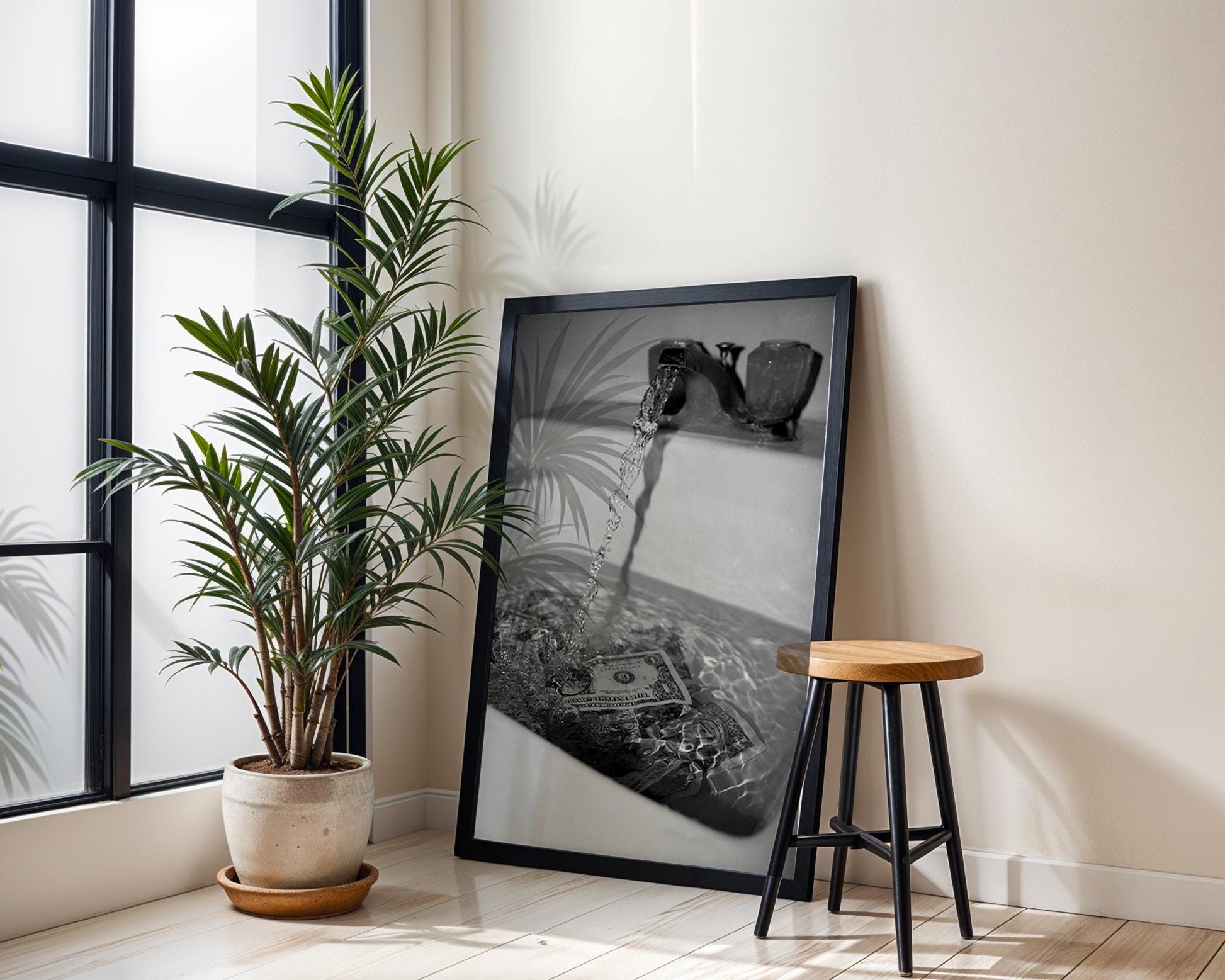 Designer Wall Art | Money Down The Drain Print | Conceptual Black and White Art wall art print, minimalist black and white poster, modern Scandinavian wall decor, Monohaus