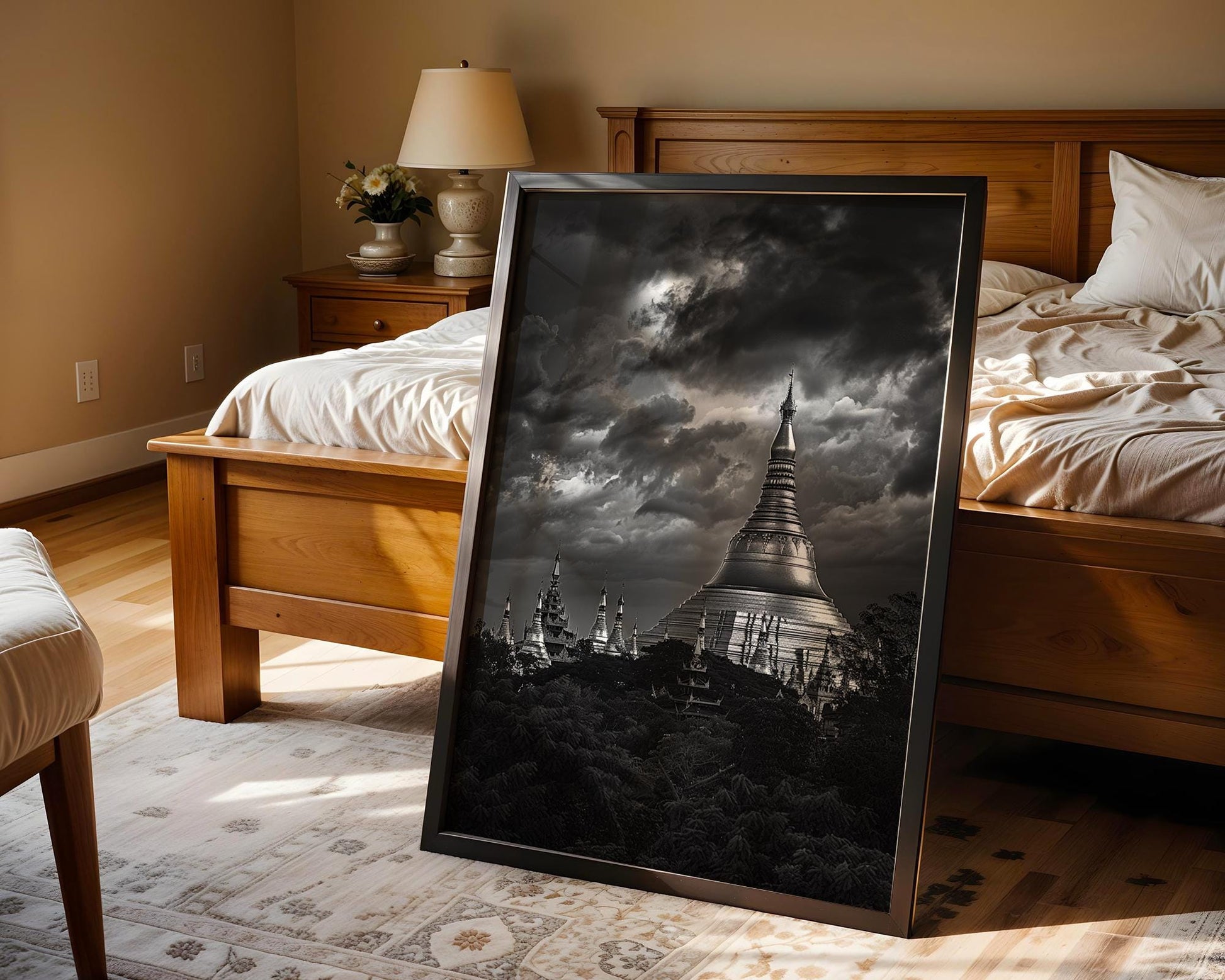 World Landmark | Shwedagon Pagoda Print | Yangon, Myanmar Black & White Photography wall art print, minimalist black and white poster, modern Scandinavian wall decor, Monohaus