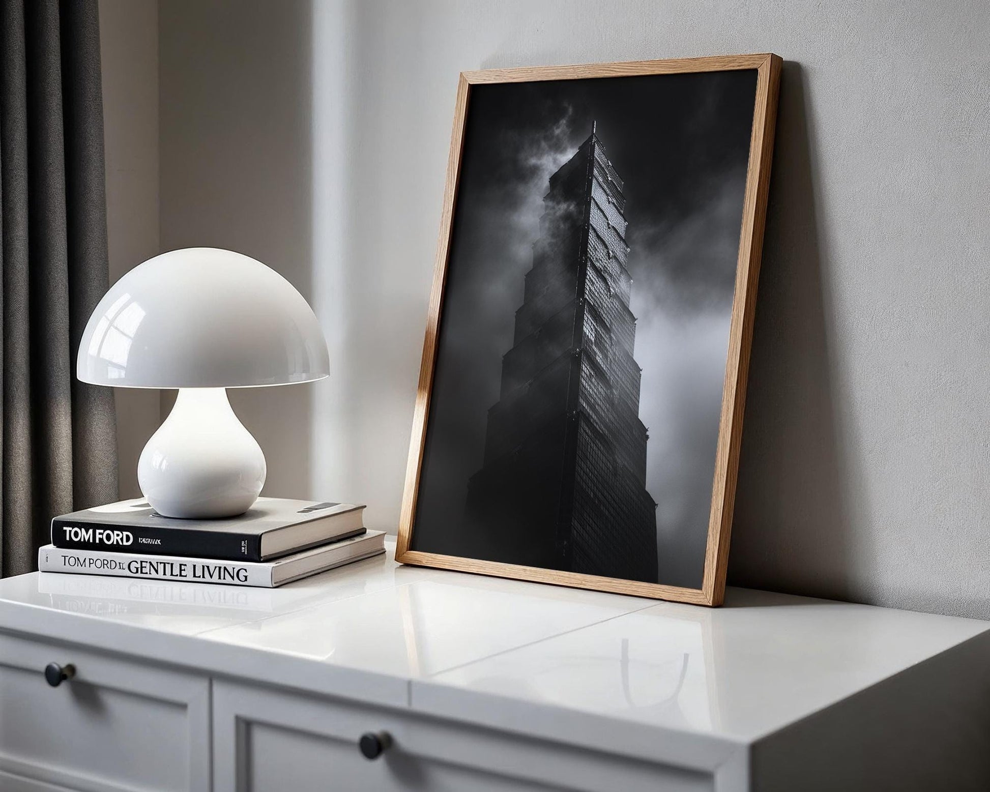 World Landmark | Taipei 101 Print | Foggy Taiwan Tower Black and White Photography wall art print, black and white architectural poster, minimalist modern Scandinavian wall decor, Monohaus