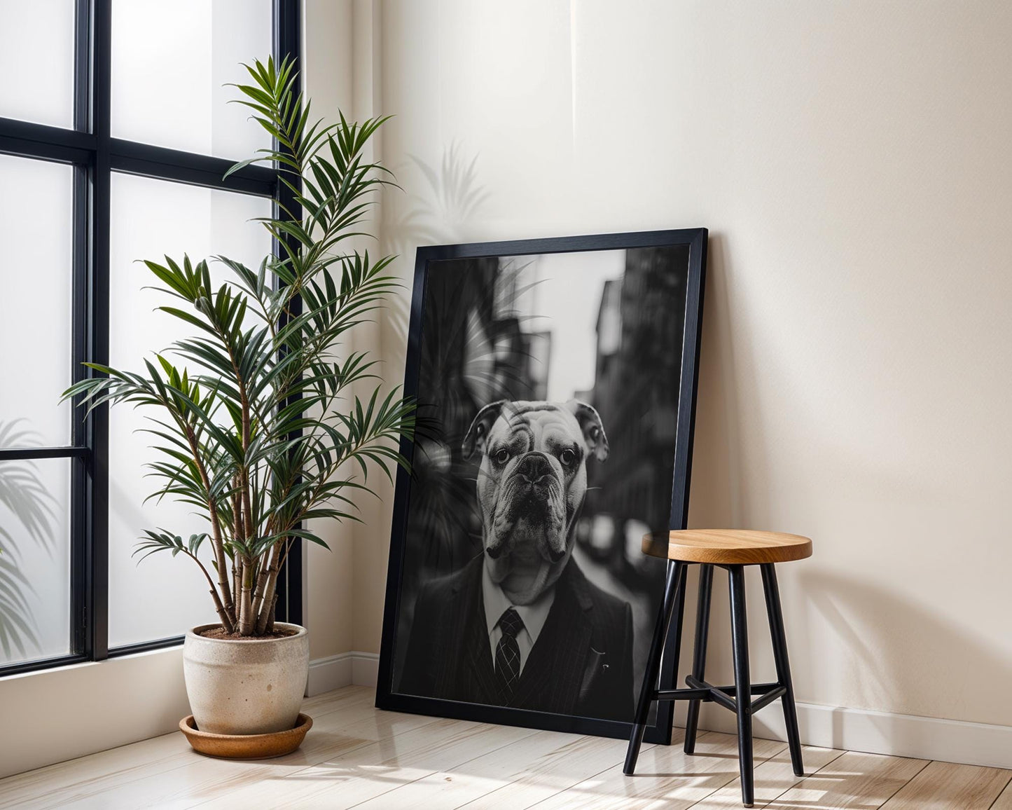 Dog Photography Bulldog Pinstripe Suit Print | Black and White Canine Portrait wall art print, minimalist black and white poster, modern Scandinavian wall decor, Monohaus