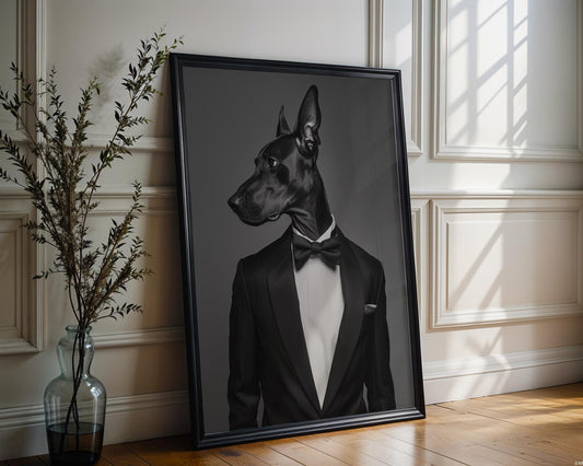 Dog Photography Doberman in Tuxedo Art Print | Minimalist Pet Portrait wall art print, minimalist black and white poster, modern Scandinavian wall decor, Monohaus
