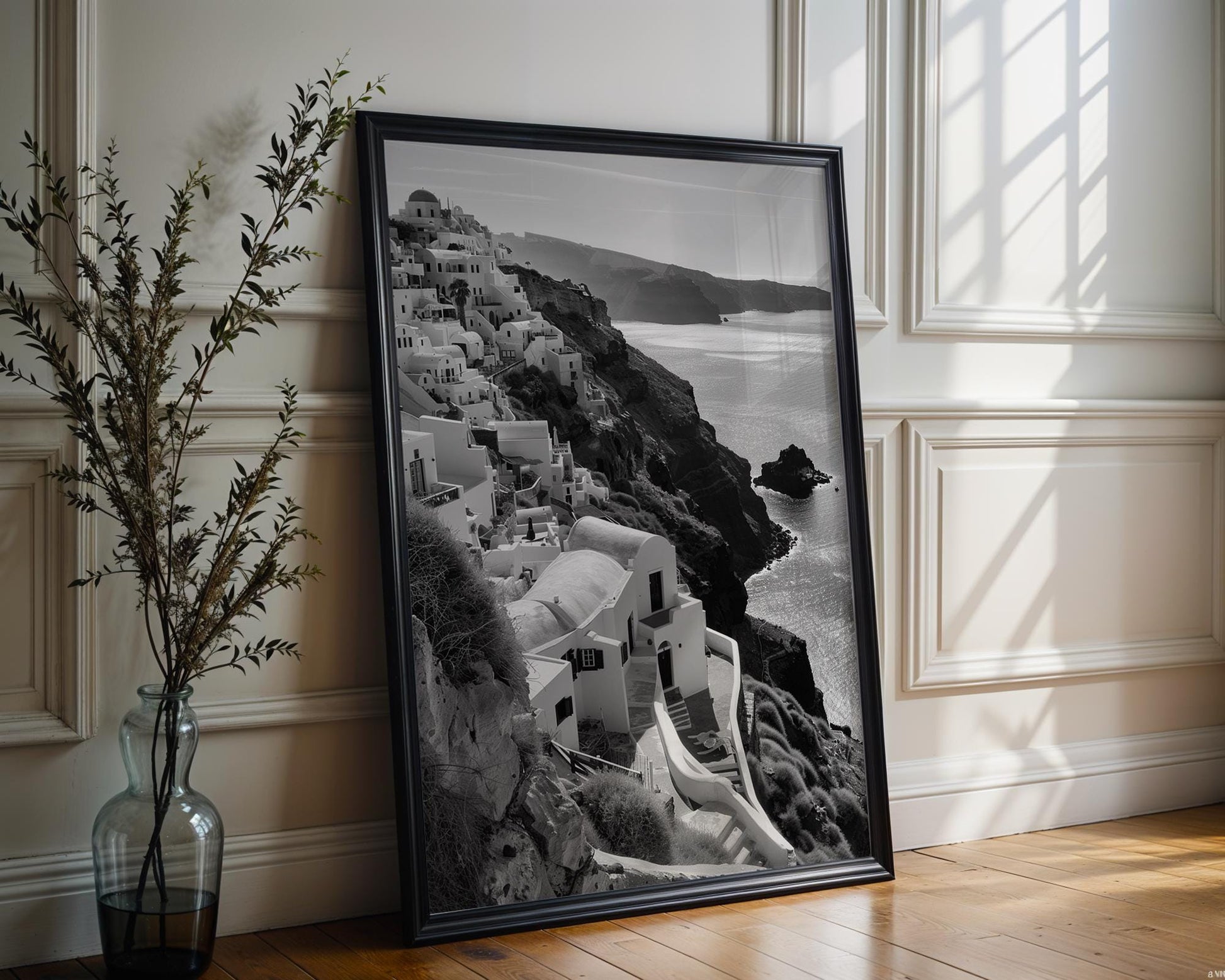 World Landmark | Santorini Greece Print | Black and White Cliffside Architecture wall art print, black and white architectural poster, minimalist modern Scandinavian wall decor, Monohaus