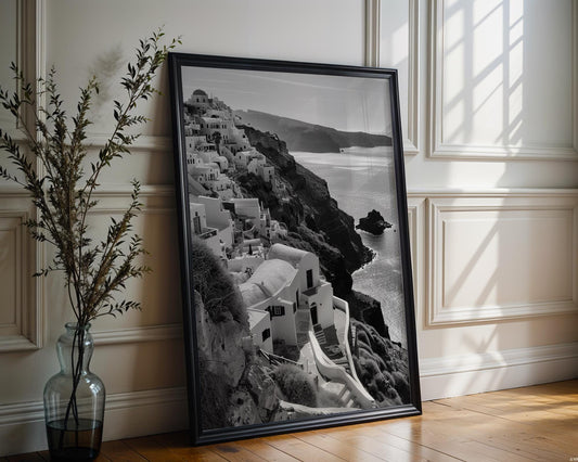 World Landmark | Santorini Greece Print | Black and White Cliffside Architecture wall art print, black and white architectural poster, minimalist modern Scandinavian wall decor, Monohaus