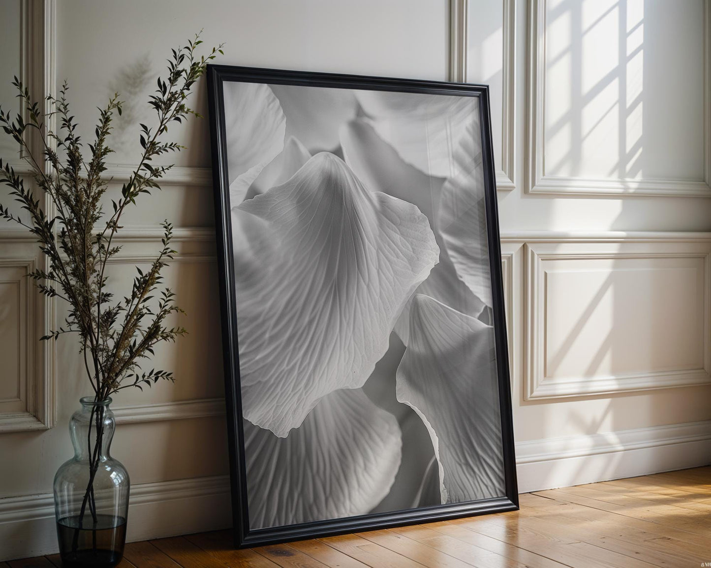 Botanical Photo | Soft Minimal Wall Art Petals Print | White Floral Poster wall art print, minimalist black and white poster, modern Scandinavian wall decor, Monohaus