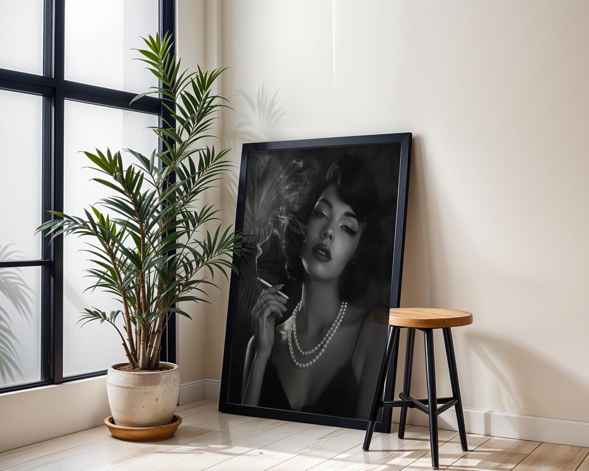 Minimal Wall Art Vintage Film Noir Woman Smoking | Black & White 1950s Fashion wall art print, minimalist black and white poster, modern Scandinavian wall decor, Monohaus