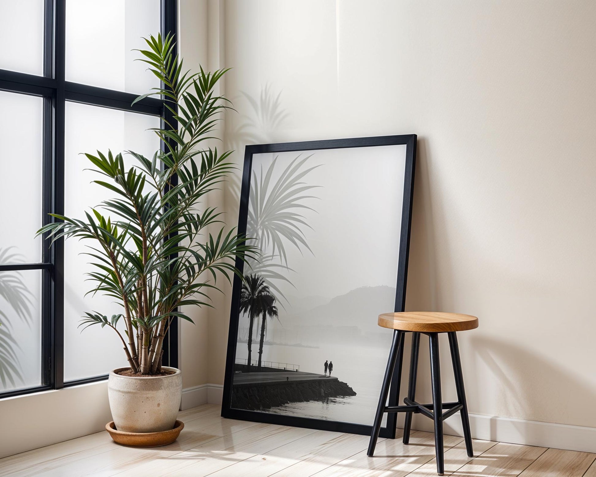 World Landmark | French Riviera Palm Tree Print | Minimalist Coastal Photography wall art print, minimalist black and white poster, modern Scandinavian wall decor, Monohaus