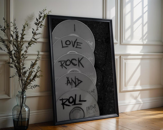 Designer Wall Art | I Love Rock and Roll Photography | Black & White Music Print | Retro Decor wall art print, minimalist black and white poster, modern Scandinavian wall decor, Monohaus