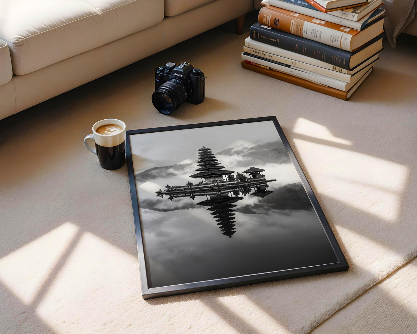 World Landmark | Ulun Danu Temple Bali Print | Black and White Asian Photography wall art print, minimalist black and white poster, modern Scandinavian wall decor, Monohaus