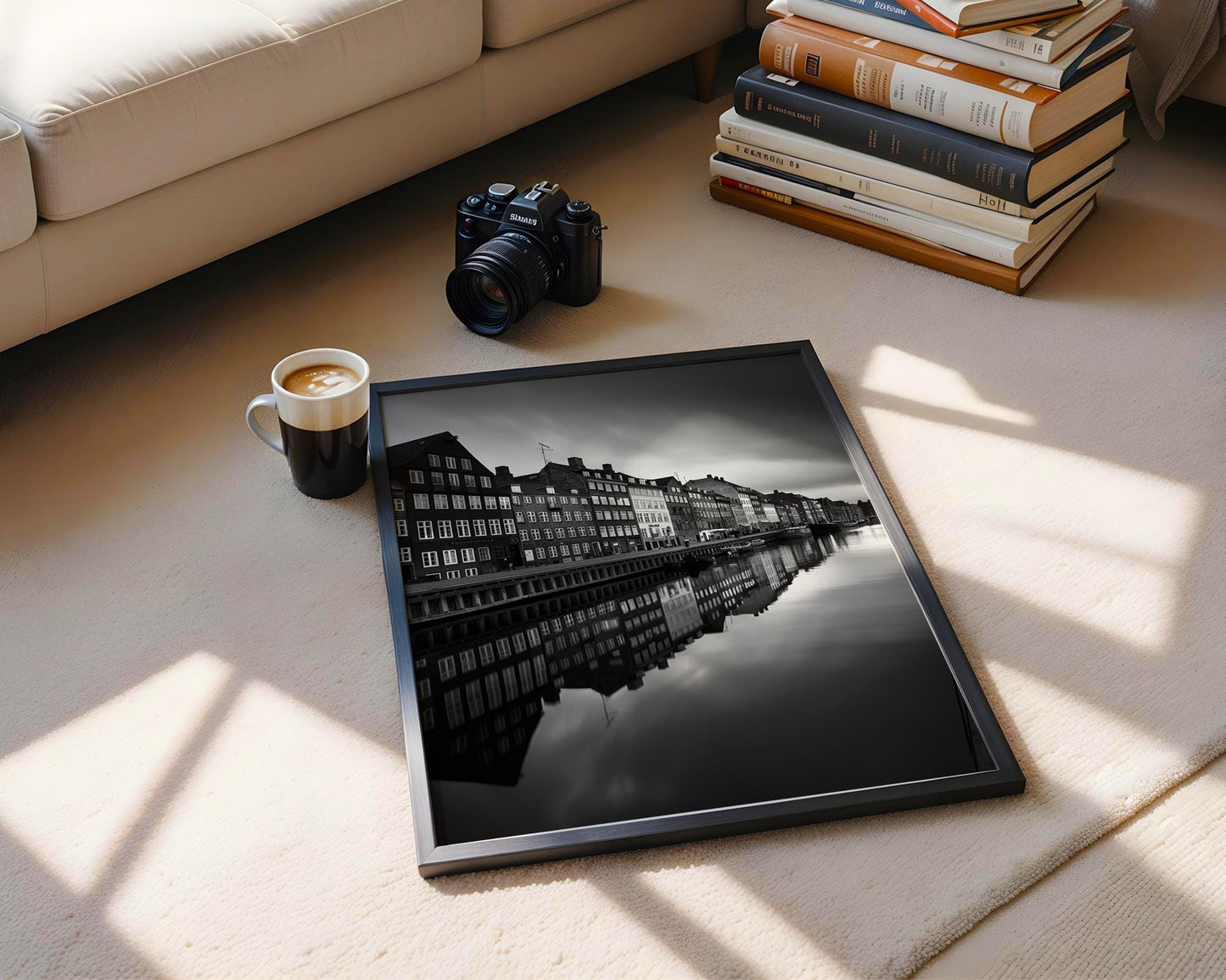 World Landmark | Copenhagen Canal Print | Black & White Scandi Architecture wall art print, black and white architectural poster, minimalist modern Scandinavian wall decor, Monohaus