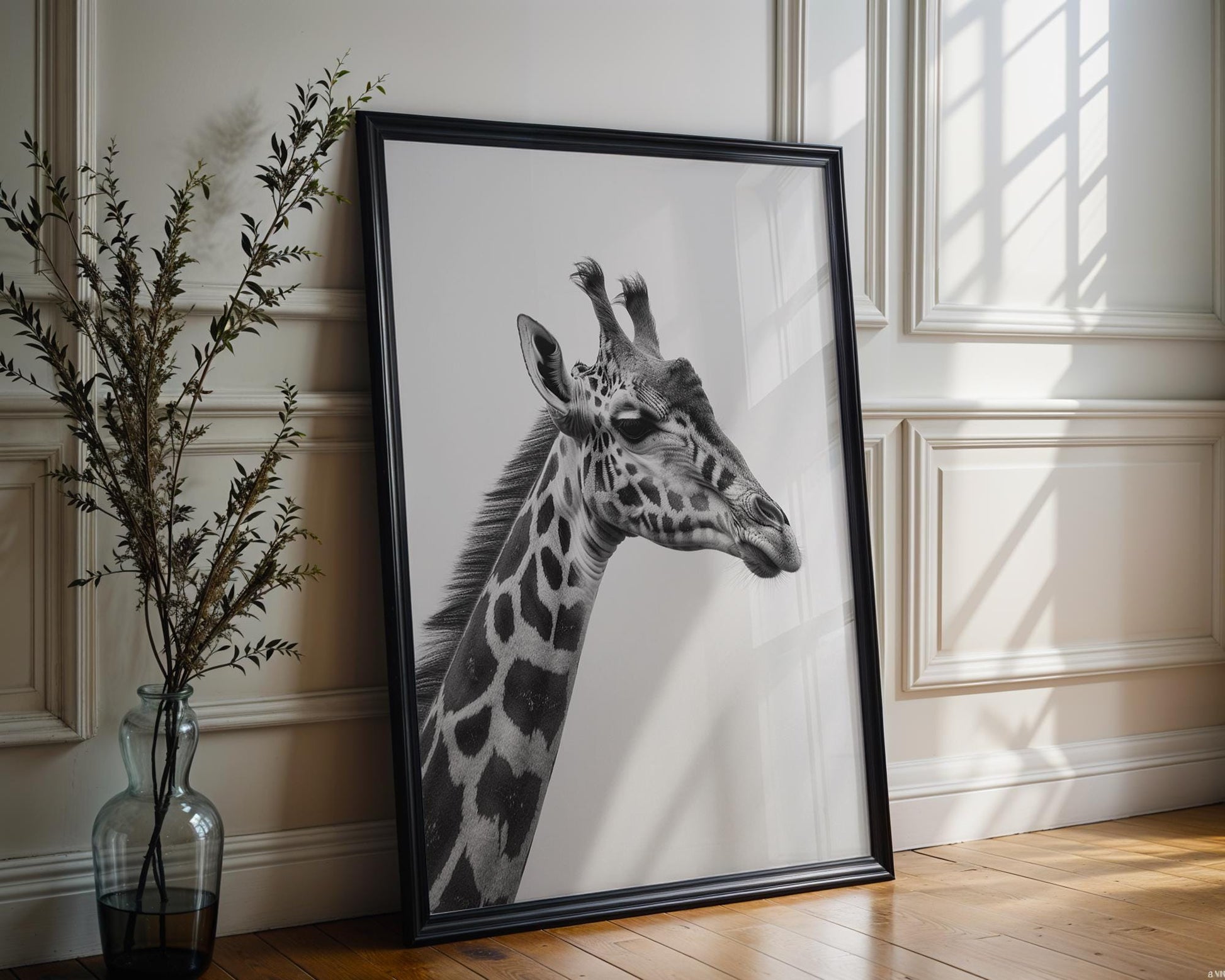 Wildlife Poster | Giraffe Profile Print | Black & White Safari Photography wall art print, minimalist black and white poster, modern Scandinavian wall decor, Monohaus