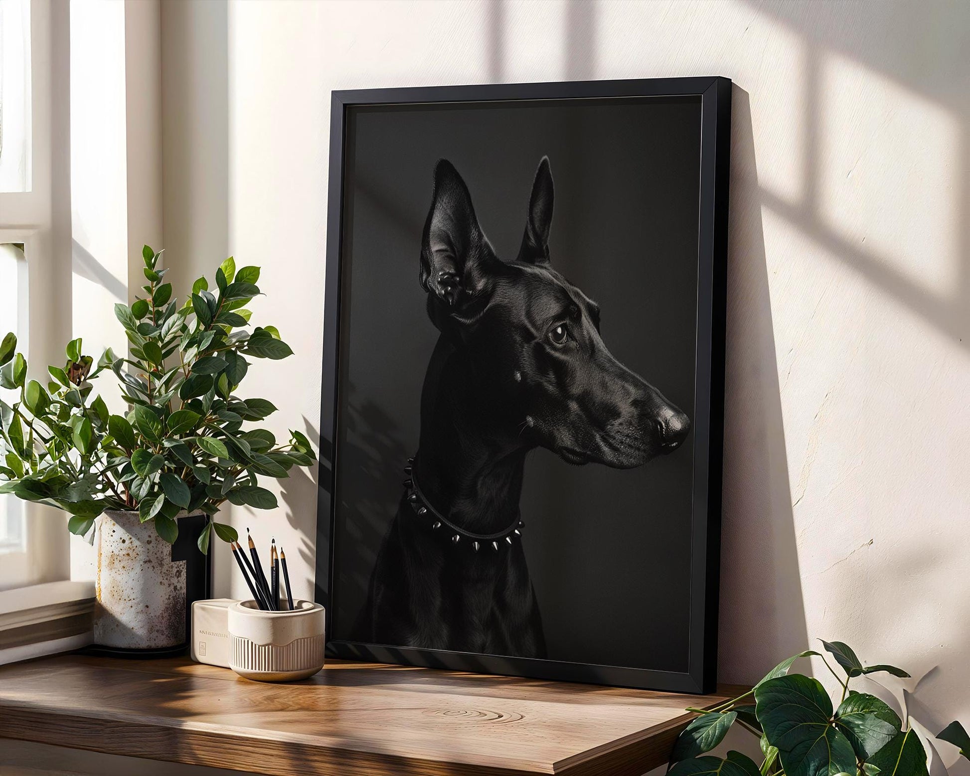 Dog Photography Edgy Doberman Print | Spiked Collar Pet Portrait, Modern Poster wall art print, minimalist black and white poster, modern Scandinavian wall decor, Monohaus