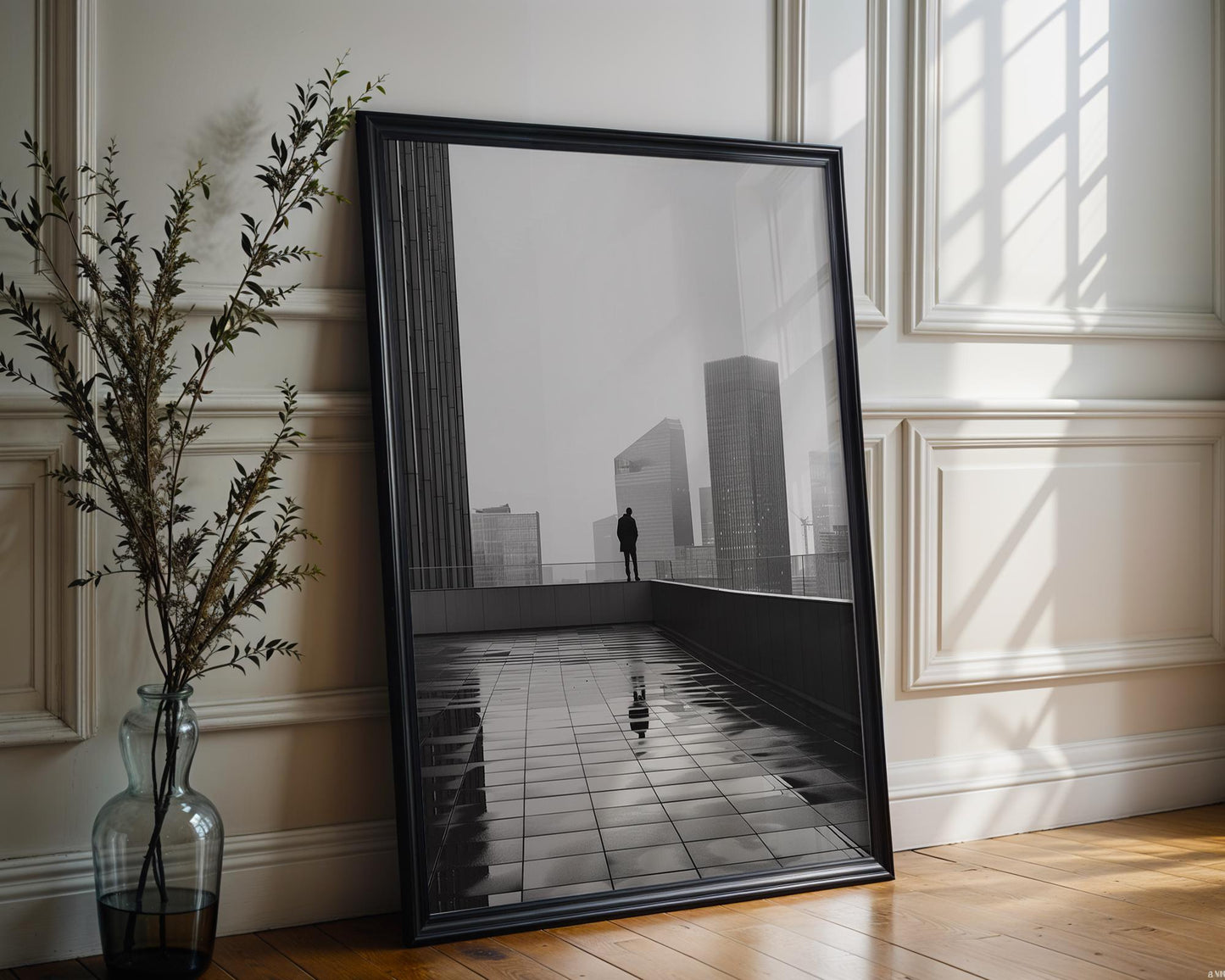Urban Photography | Cityscape Photography Print | Modern Noir, Rooftop Man wall art print, black and white architectural poster, minimalist modern Scandinavian wall decor, Monohaus