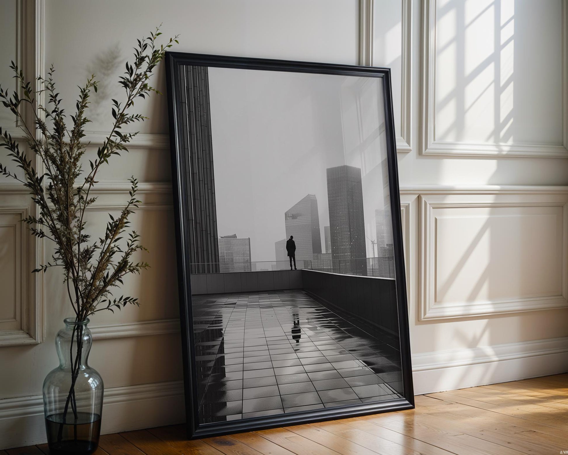 Urban Photography | Cityscape Photography Print | Modern Noir, Rooftop Man wall art print, black and white architectural poster, minimalist modern Scandinavian wall decor, Monohaus