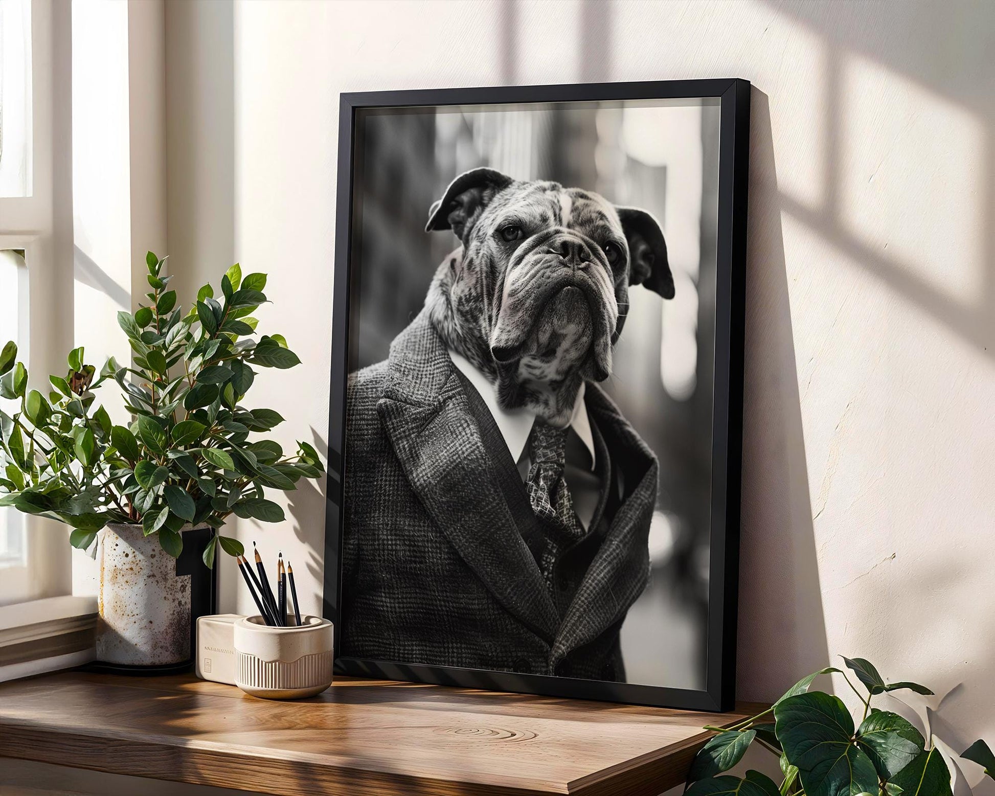 Dog Photography Brindle Bulldog in Tweed Coat Art Print | Dapper Pet Portrait wall art print, minimalist black and white poster, modern Scandinavian wall decor, Monohaus