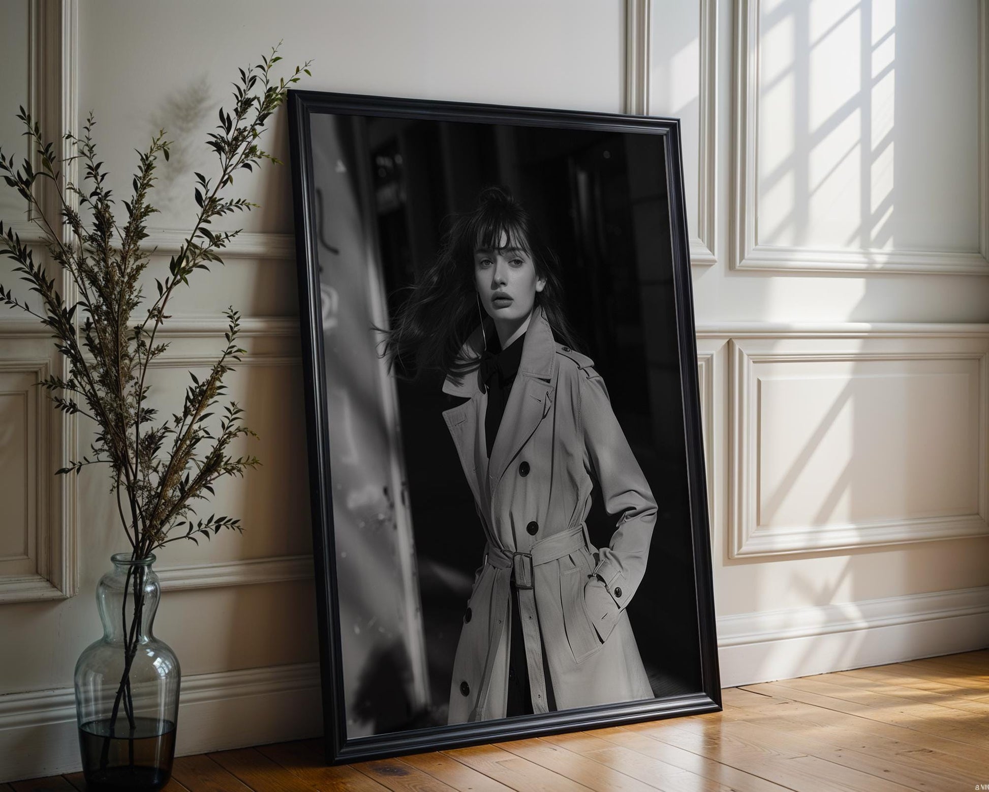 Minimal Wall Art Woman in Trench Coat Print | Black and White Minimalist Fashion Photo wall art print, minimalist black and white poster, modern Scandinavian wall decor, Monohaus