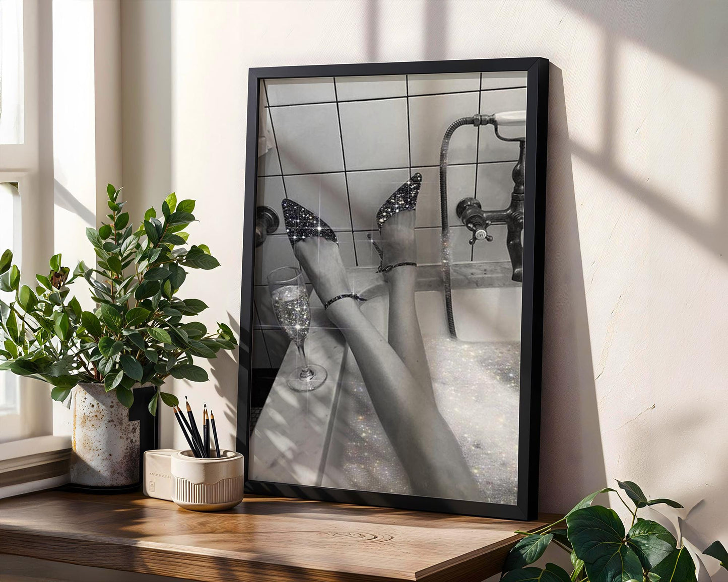 Designer Wall Art | Sparkle Heels Bath Print | Glam Monochrome Photography wall art print, minimalist black and white poster, modern Scandinavian wall decor, Monohaus