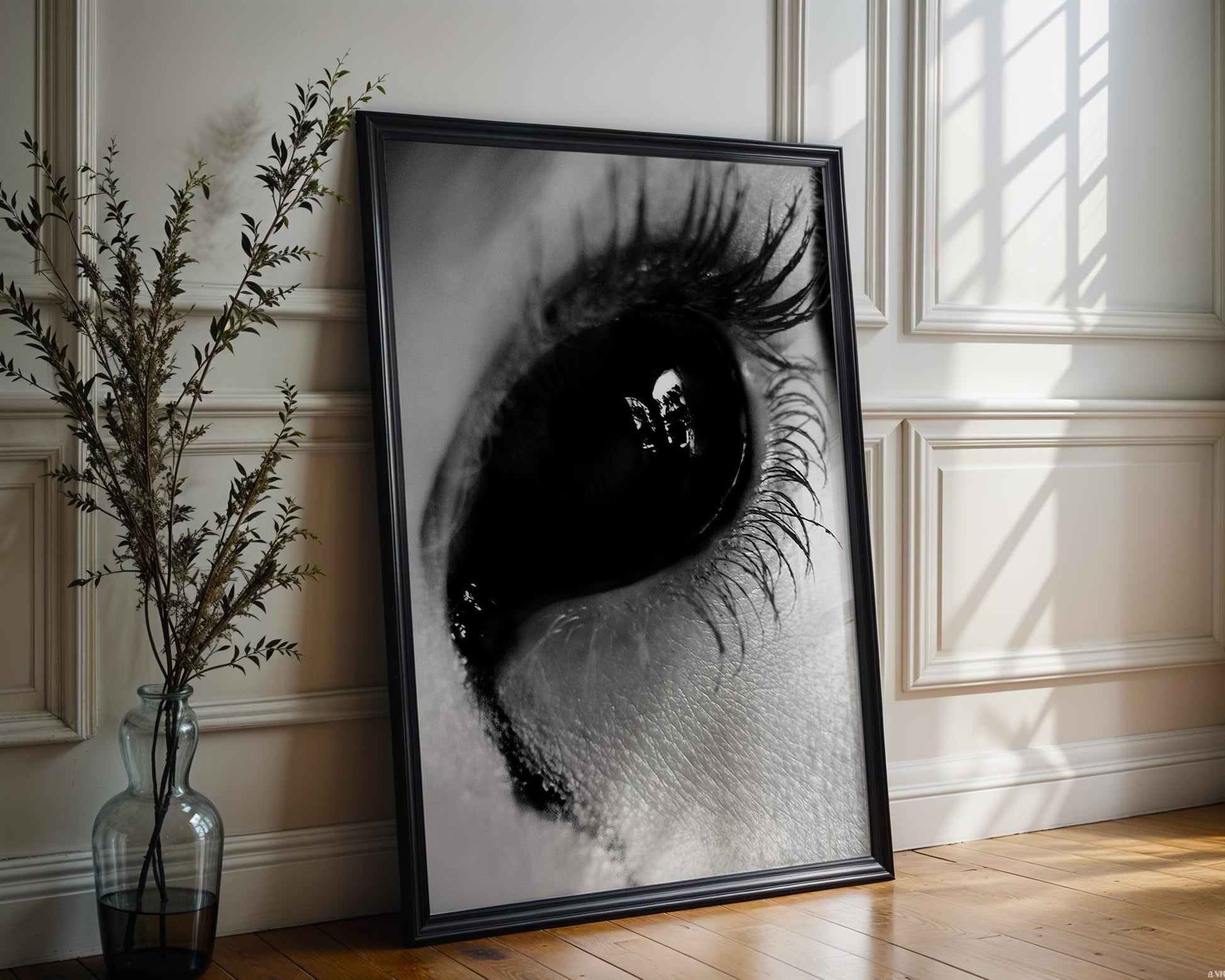 Designer Wall Art | Black Eye Close-Up Print | Moody Gothic Photography wall art print, minimalist black and white poster, modern Scandinavian wall decor, Monohaus