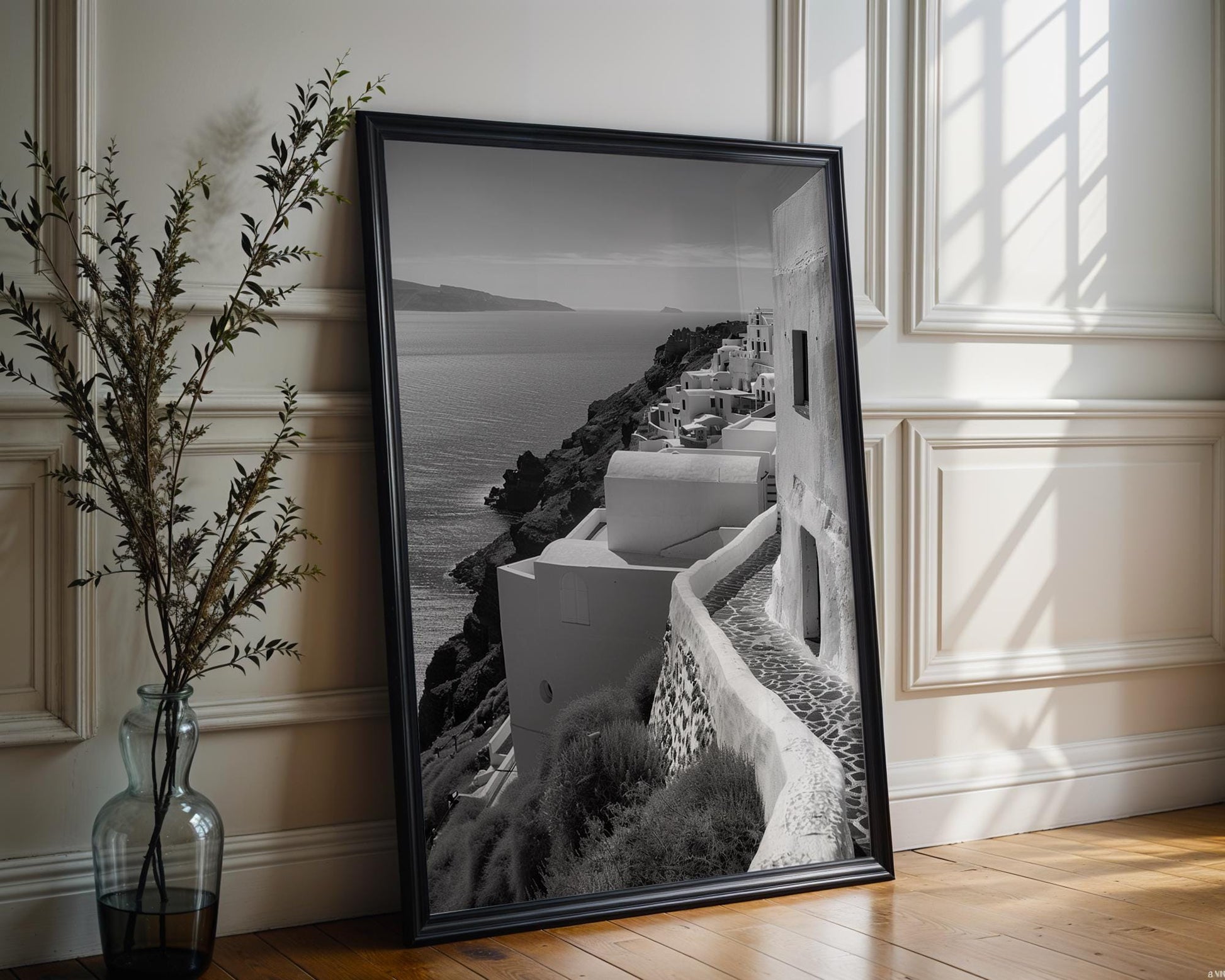 World Landmark | Santorini Black and White Print | Oia Cliffside Architecture Poster wall art print, black and white architectural poster, minimalist modern Scandinavian wall decor, Monohaus