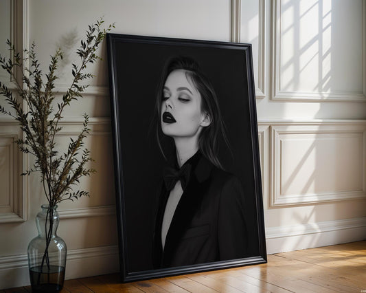 Minimal Wall Art Woman in Tuxedo Art Print | Monochrome Fashion Photography wall art print, minimalist black and white poster, modern Scandinavian wall decor, Monohaus