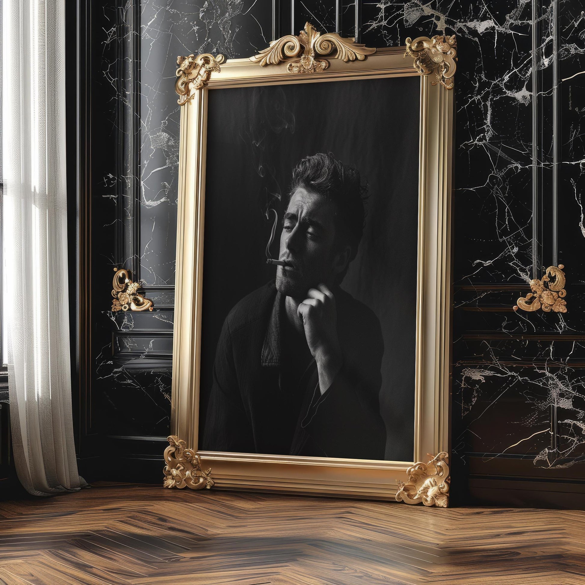 Minimal Wall Art Black & White Smoking Man Portrait | Classic Film Noir Photography Print wall art print, minimalist black and white poster, modern Scandinavian wall decor, Monohaus