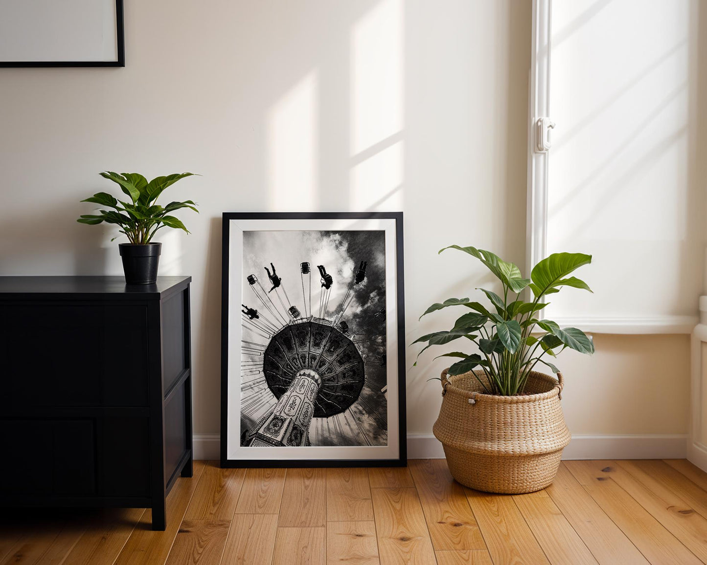 Designer Wall Art | Black and White Swing Ride Photo | Vintage Carnival Art Print wall art print, minimalist black and white poster, modern Scandinavian wall decor, Monohaus