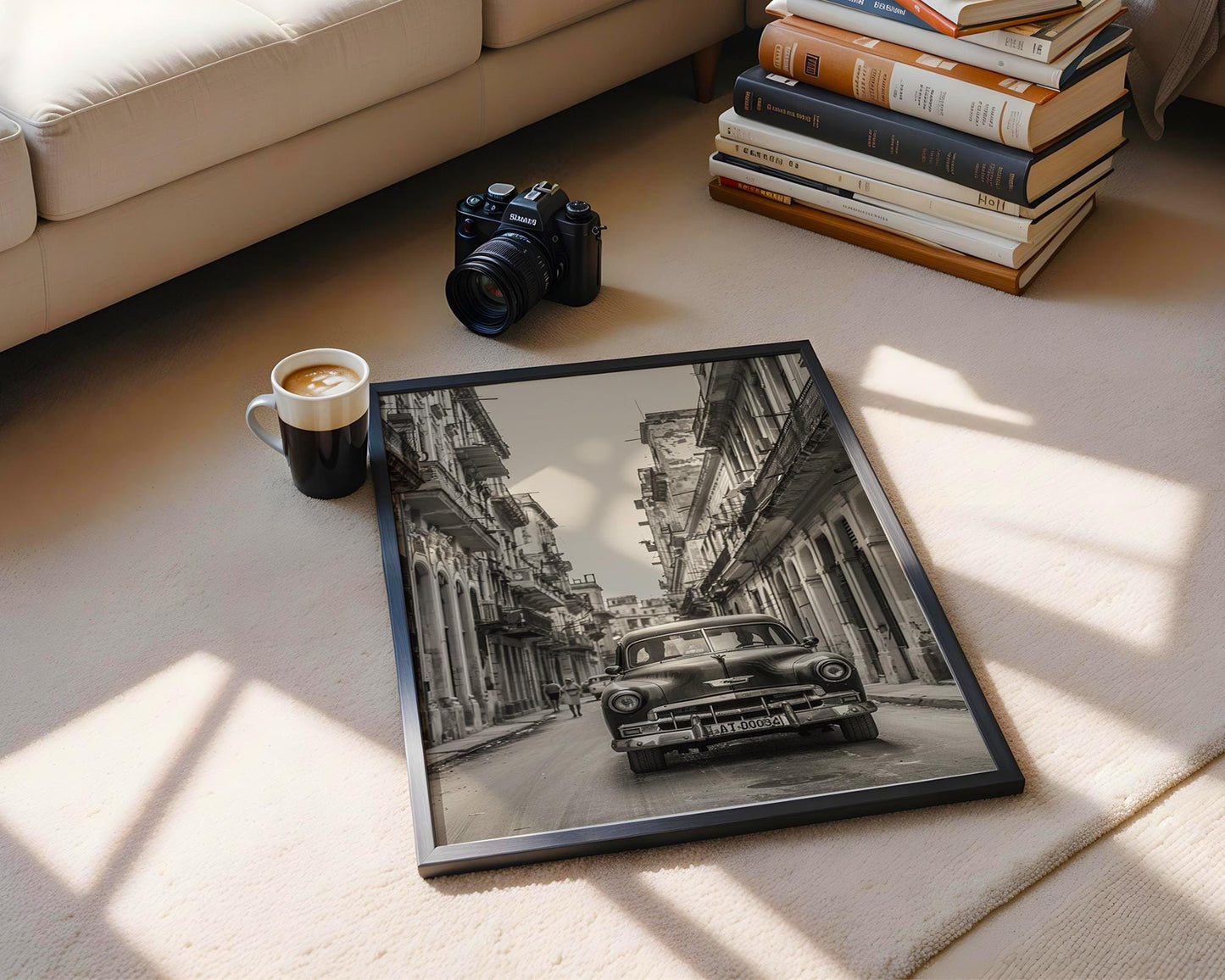 World Landmark | Havana Cuba Street Photography | Classic Chevrolet Car Art Print black and white photo print, minimalist monochrome wall art poster for modern interiors, Monohaus