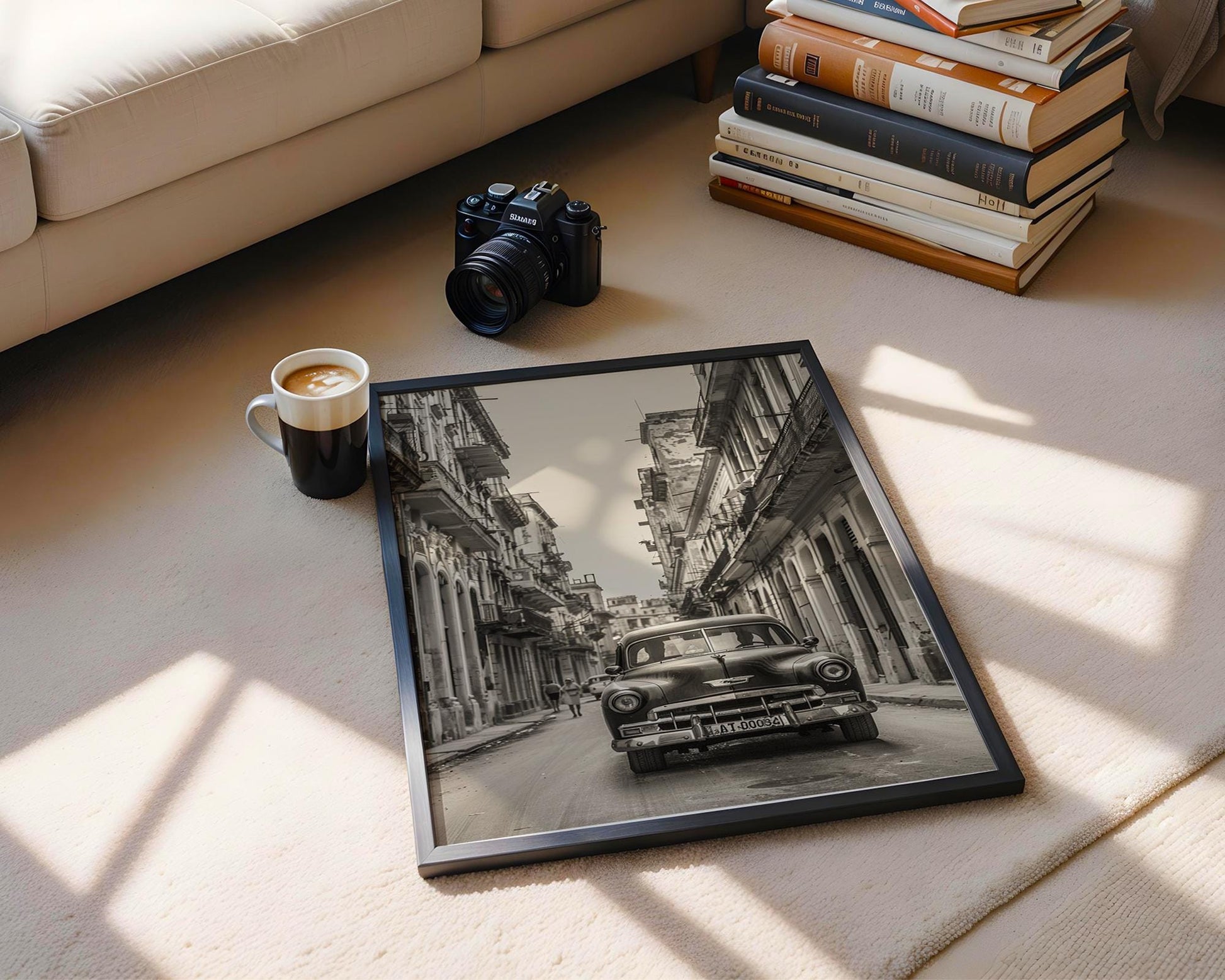 World Landmark | Havana Cuba Street Photography | Classic Chevrolet Car Art Print black and white photo print, minimalist monochrome wall art poster for modern interiors, Monohaus