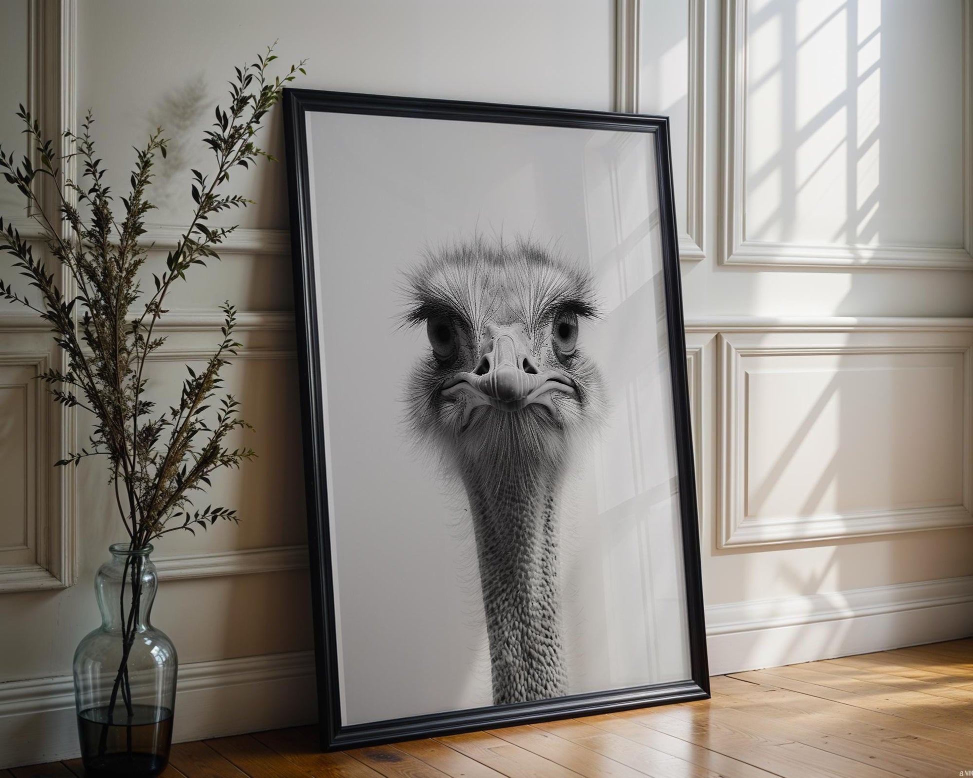 Wildlife Poster | Ostrich Fine Art Print • Minimalist Black & White Animal Portrait wall art print, minimalist black and white poster, modern Scandinavian wall decor, Monohaus