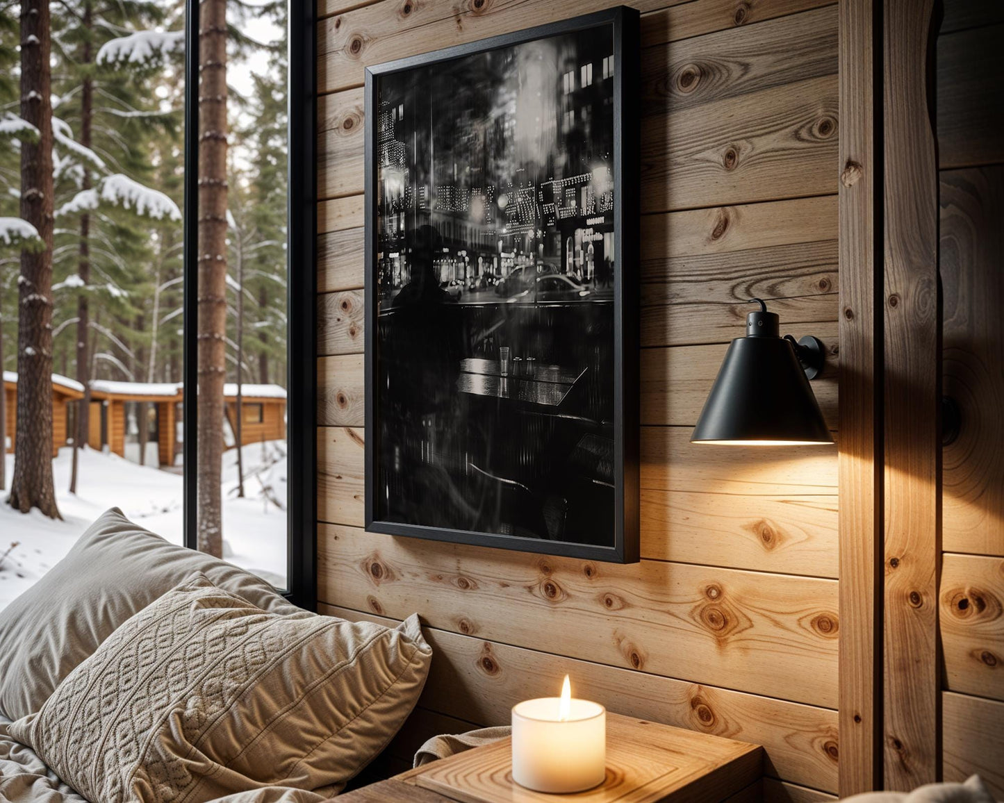 Urban Photography | Parisian Cafe Night Print | Black and White Photography, Moody Bokeh black and white photo print, minimalist monochrome wall art poster for modern interiors, Monohaus