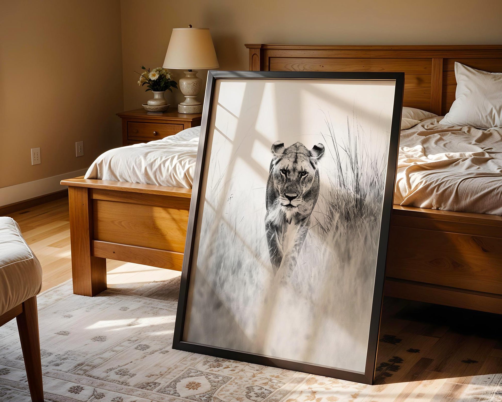 Wildlife Poster | Lioness Safari Print | Black & White  Photography wall art print, minimalist black and white poster, modern Scandinavian wall decor, Monohaus