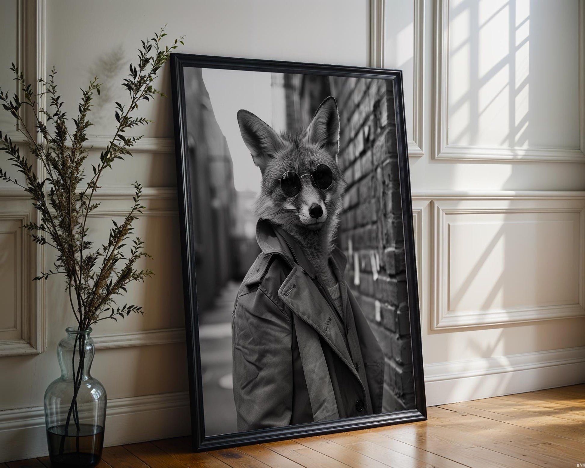 Designer Wall Art | Fox with Sunglasses Art Print | Black and White Animal Portrait wall art print, minimalist black and white poster, modern Scandinavian wall decor, Monohaus