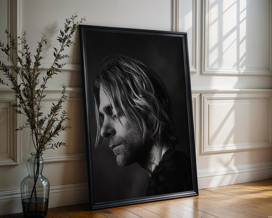 Minimal Wall Art Kurt Cobain Portrait Print | B&W Grunge Rock Legend Photography wall art print, minimalist black and white poster, modern Scandinavian wall decor, Monohaus