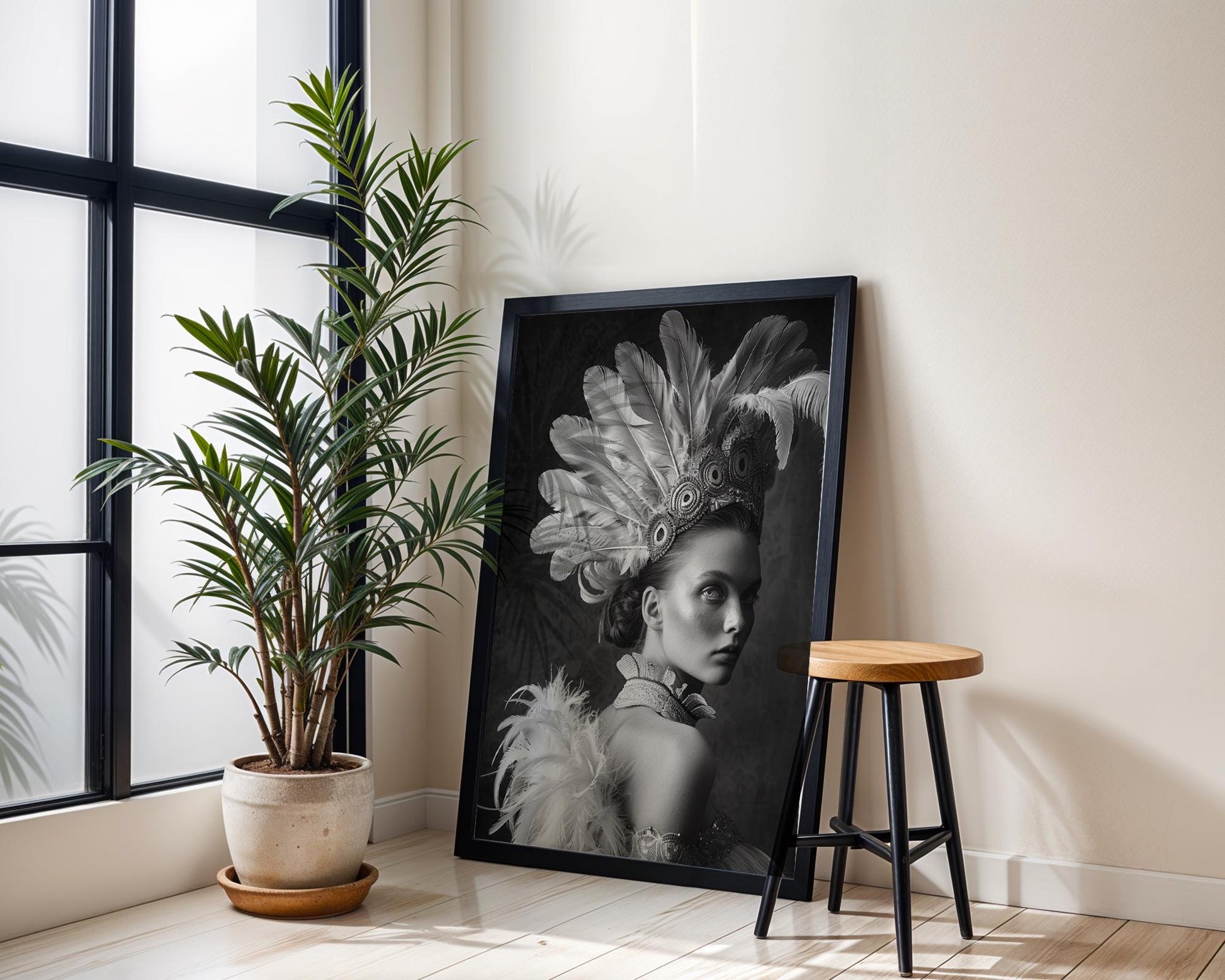 Feathered Headdress Portrait | Black and White Photography Print wall art print, minimalist black and white poster, modern Scandinavian wall decor, Monohaus