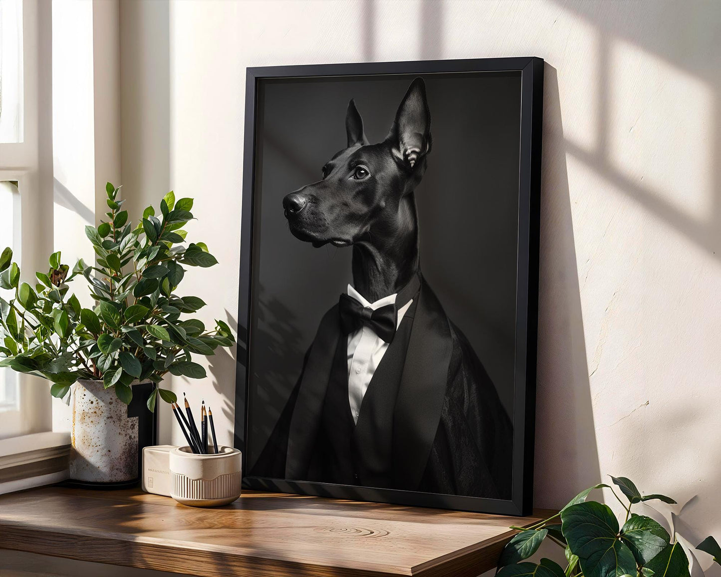 Dog Photography Doberman in Tuxedo Art Print | Formal Pet Portrait wall art print, minimalist black and white poster, modern Scandinavian wall decor, Monohaus