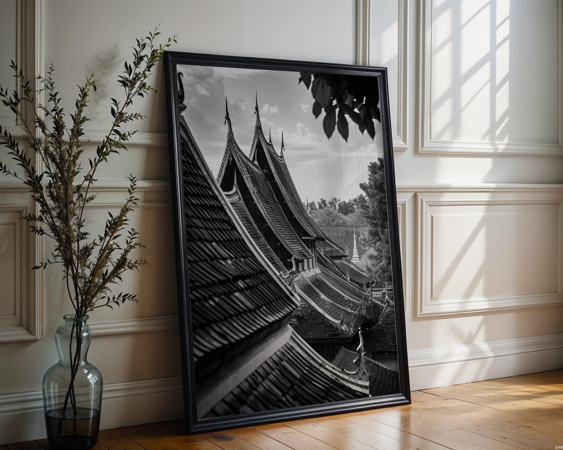 World Landmark | Laos Temple Roofs Print | Luang Prabang Black and White Photography wall art print, minimalist black and white poster, modern Scandinavian wall decor, Monohaus