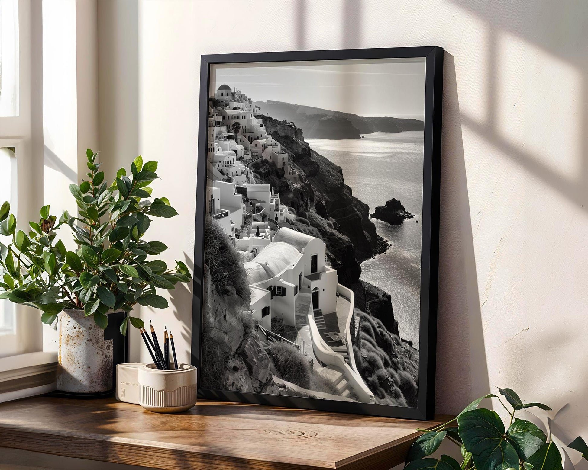 World Landmark | Santorini Greece Print | Black and White Cliffside Architecture wall art print, black and white architectural poster, minimalist modern Scandinavian wall decor, Monohaus