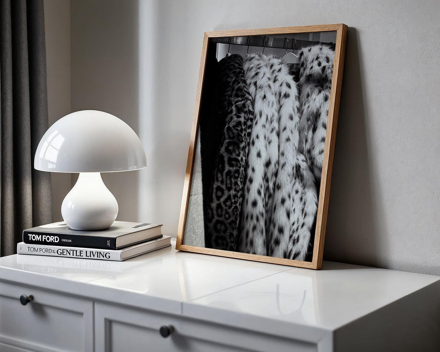 Designer Wall Art | Leopard Print Faux Fur Coat Poster | Black and White Glam wall art print, minimalist black and white poster, modern Scandinavian wall decor, Monohaus